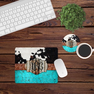 DIGITAL FILE Turquoise and Cow Print Mouse Pad and Coaster Desk Set Sublimation Design