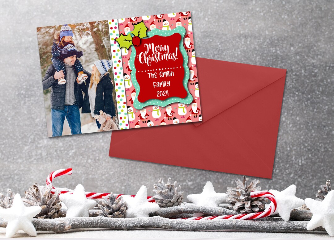 DIGITAL FILE Colorful Santa and Snowman Photo Christmas Card Template ...