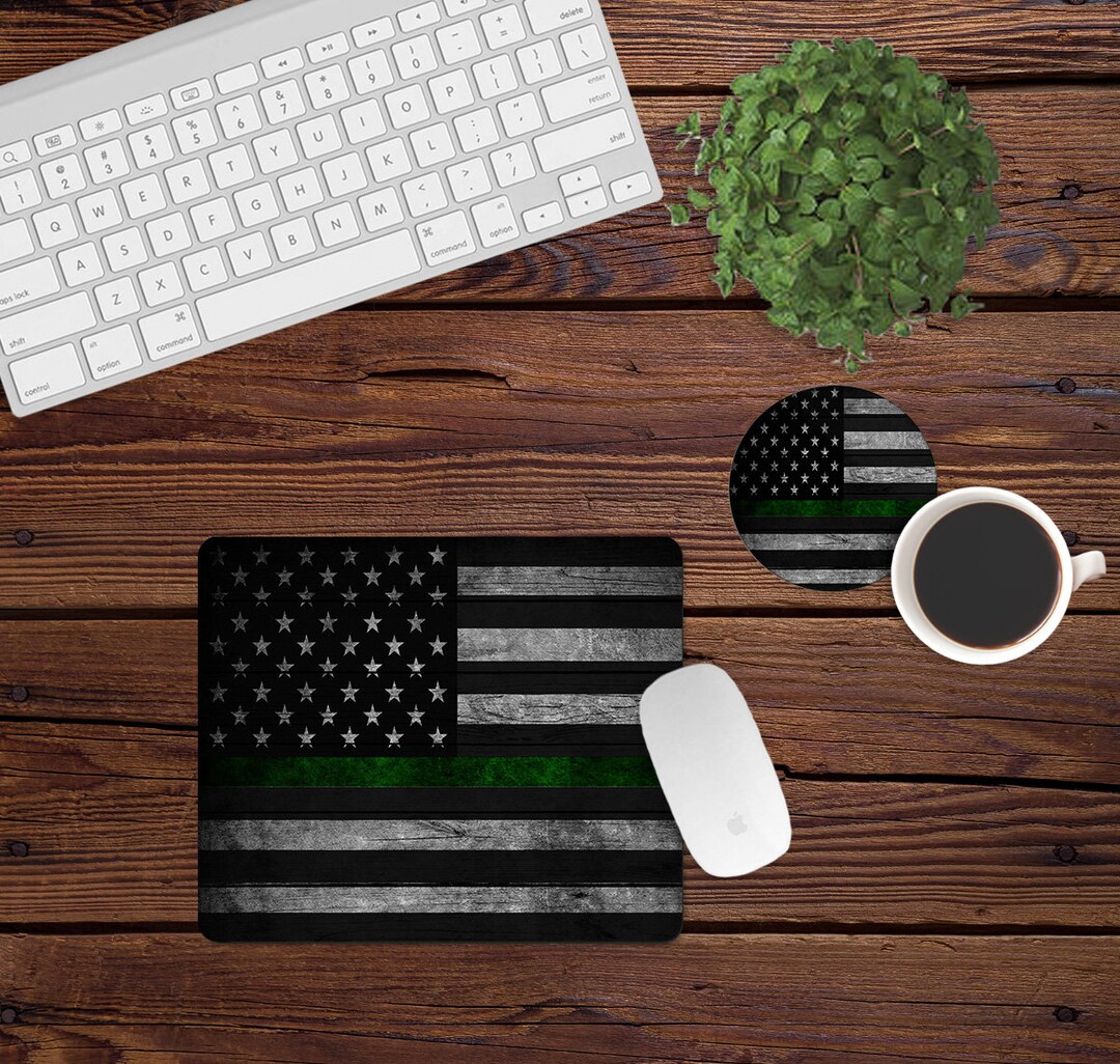 DIGITAL FILE Wooden American Flag Green Line Mouse Pad and Coaster Desk ...