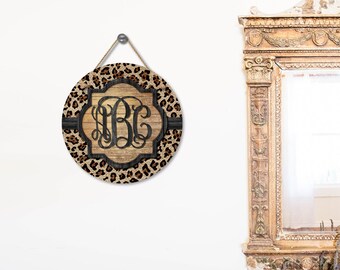 ARCHIVO DIGITAL Percha para puerta redonda con estampado de leopardo de madera dorada, diseño de sublimación