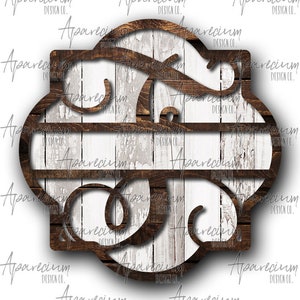 DIGITAL FILE Brown Wooden and White Shiplap Split Monogram F Quatrefoil Door Hanger Sublimation Design
