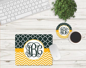 DIGITAL FILE Dark Green and Yellow Chevron and Quatrefoil Mouse Pad and Coaster Desk Set Sublimation Design