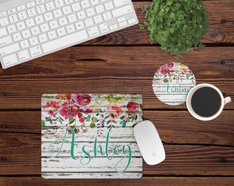 DIGITAL FILE Watercolor Floral White Wood Mouse Pad and Coaster Desk Set Sublimation Design