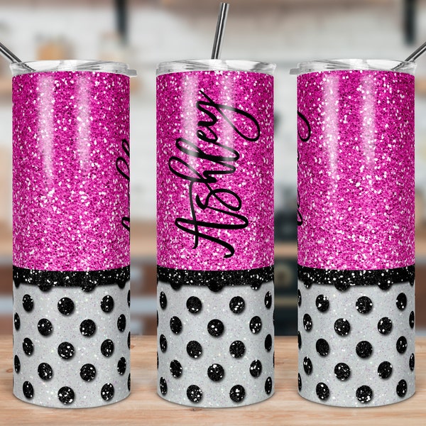 DIGITAL FILE Hot Pink and Black Glitter Polka Dot Skinny Tumbler Sublimation Design