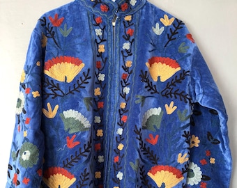 Blue Velvet Suzani Embroidered Jacket | Boho Floral Quilt