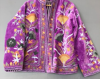Purple Velvet Suzani Embroidered Jacket | Boho Winter Wear