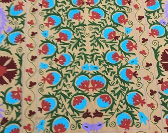 Hand Embroidered Cotton Suzani Throw Blanket: Uzbek Floral Bedspread