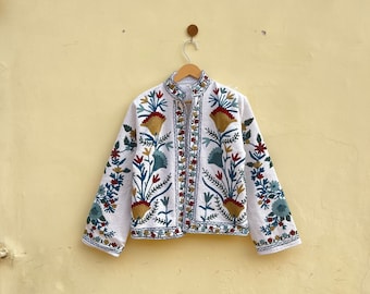 Handmade Cotton Suzani Embroidered Jacket: White Kimono Coat