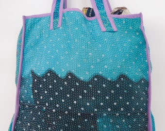 Bolso tote vintage acolchado Kantha: accesorio de algodón orgánico hecho a mano