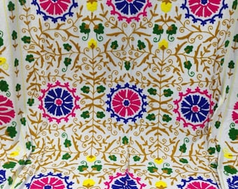 Hand Embroidered Cotton Suzani Throw: Uzbek Floral Bedspread