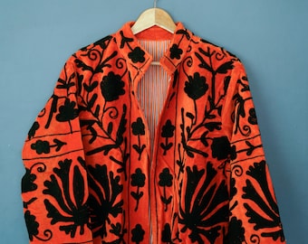 Orange Velvet Suzani Embroidered Jacket: Boho Autumn Wear