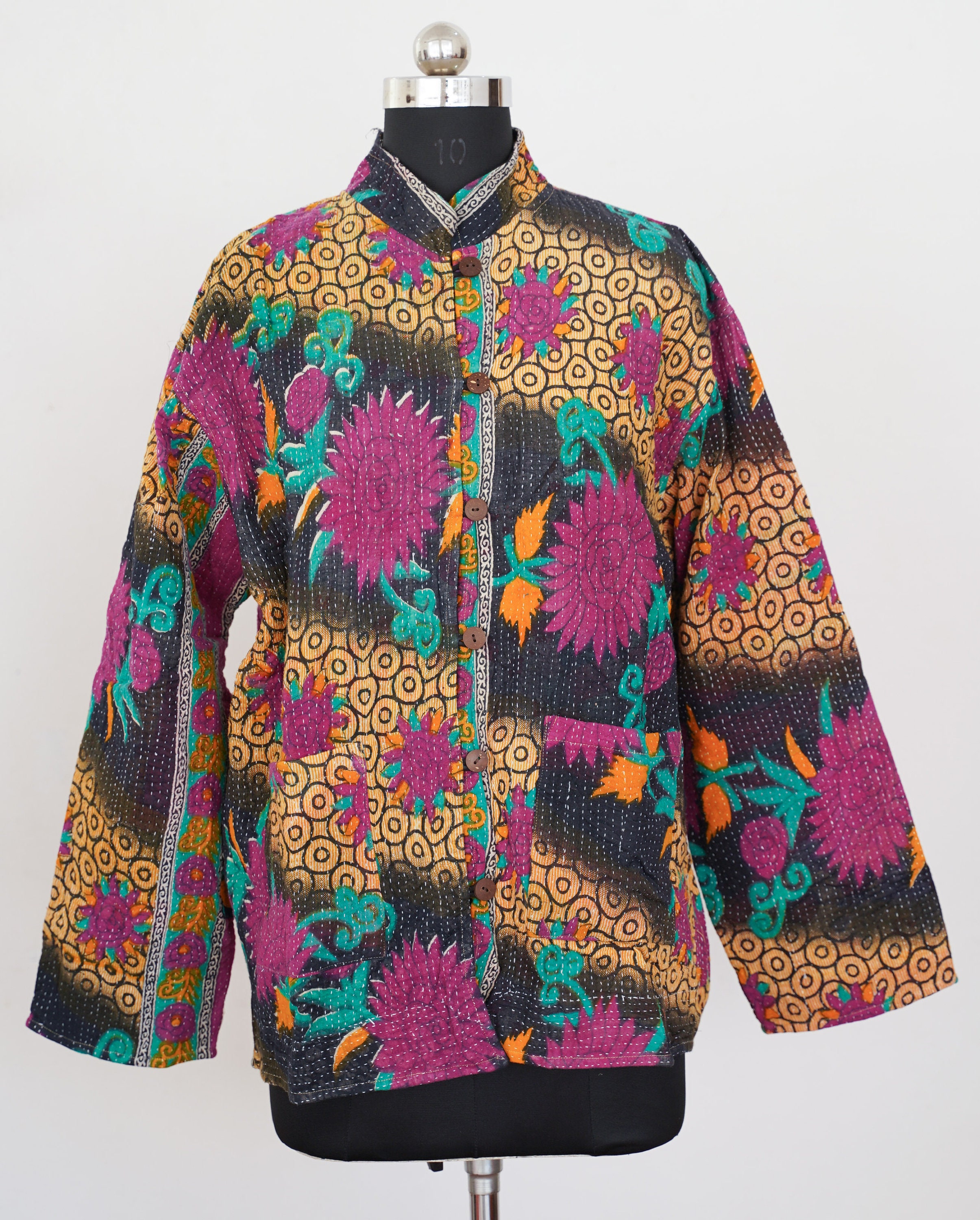 Vintage Kantha Jacket: L Size, Handmade Cotton Patchwork, Japanese Style