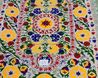 Hand Embroidered Cotton Suzani Throw: Uzbek Floral Wall Hanging