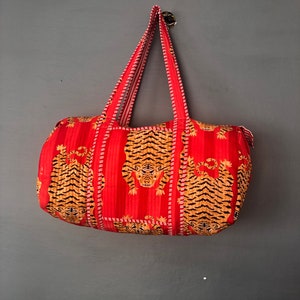 Blockprint Cotton Quilted Weekender Bag: Large Travel Duffle