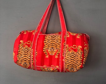 Blockprint Cotton Quilted Weekender Bag: Large Travel Duffle