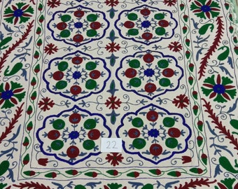 Hand Embroidered Cotton Suzani Throw: Uzbek Floral Wall Hanging