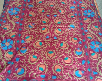 Hand Embroidered Suzani Throw Blanket: Uzbek Cotton Bedspread
