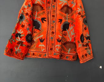Orange Velvet Suzani Embroidered Jacket | Boho Kantha Quilt