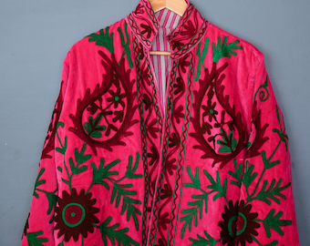 Pink Velvet Suzani Jacket | Hand Embroidered Boho Women's Wear