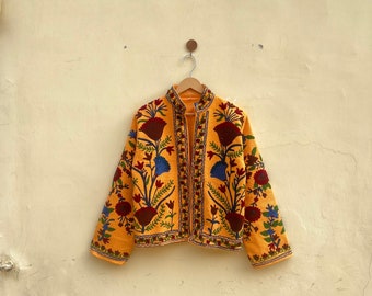 Cotton Suzani Hand Embroidery Jacket Coat, Yellow Women Wear Winter Jackets, Bridesmaid Gift, Winter Jacket, Kimono Robe, Bridesmaid Jackets