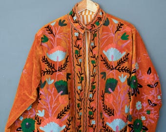 Orange Velvet Embroidered Suzani Jacket: Boho Autumn Wear