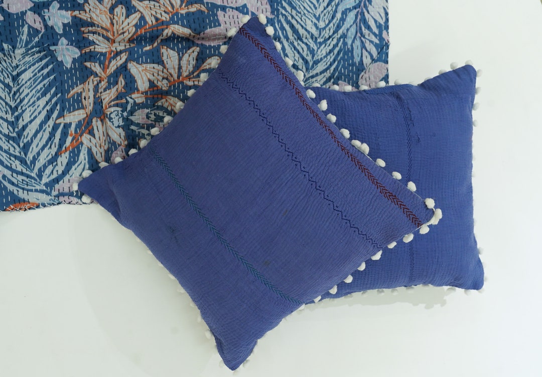 45x45cm Set of 2 Indigo Kantha Pillow Cover , Indian Bohemian Kantha
