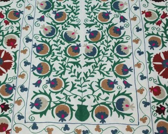 Hand Embroidered Suzani Throw Blanket: Uzbek Cotton Bedspread