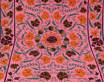 Hand Embroidered Cotton Suzani Throw: Uzbek Floral Bedspread