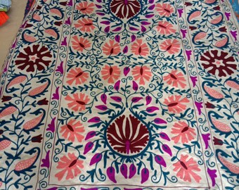 Hand Embroidered Suzani Throw Blanket: Uzbek Floral Wall Hanging