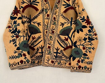 Handmade Cotton Suzani Embroidered Jacket: Boho Kimono Coat