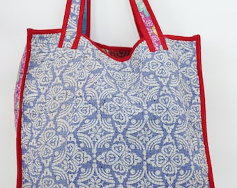 Bolso tote vintage acolchado Kantha: accesorio de algodón orgánico hecho a mano