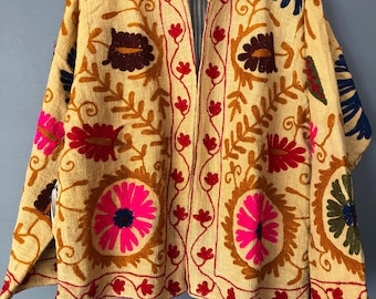 Handmade Cotton Suzani Embroidered Jacket: Beige Kimono Coat