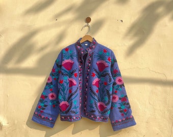 Cotton Suzani Hand Embroidery Jacket Coat, Blue Women Wear Winter Jackets, Bridesmaid Gift, Winter Jacket, Kimono Robe, Bridesmaid Jackets