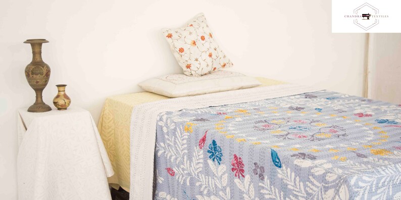 Kantha Quilt Indian Handmade Natural Orgnic Colours Bed Cover Throw Frida Kahlo