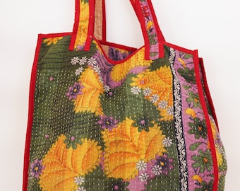Bolso tote vintage Kantha: accesorio de algodón acolchado hecho a mano