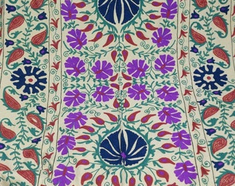 Hand Embroidered Cotton Suzani Throw: Uzbek Floral Bedspread