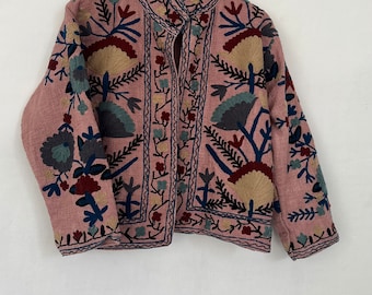 Handmade Cotton Suzani Embroidered Jacket: Beige Kimono Robe