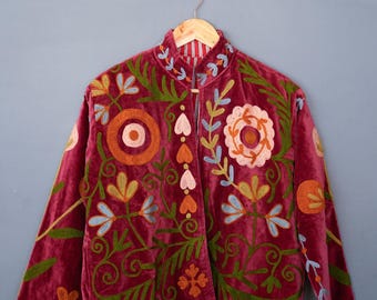 Handmade Velvet Suzani Embroidered Jacket | Boho Quilt Coat