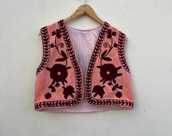 Handmade Velvet Suzani Vest: Embroidered Floral Boho Gilet