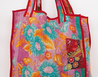 Bolso tote vintage Kantha: algodón orgánico acolchado hecho a mano