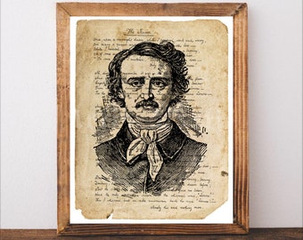 Edgar Allan Poe, Poem print,  Art Print, The Raven Poem, Original Handwriting Edgar Allan Poe Art, Literature Poster, Literary Gift