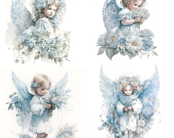 Light blue Angels illustration clipart set PNG Litlle Angel Print Angel watercolor Angel Baptism Watercolor Angel baptism gift Babies Angels