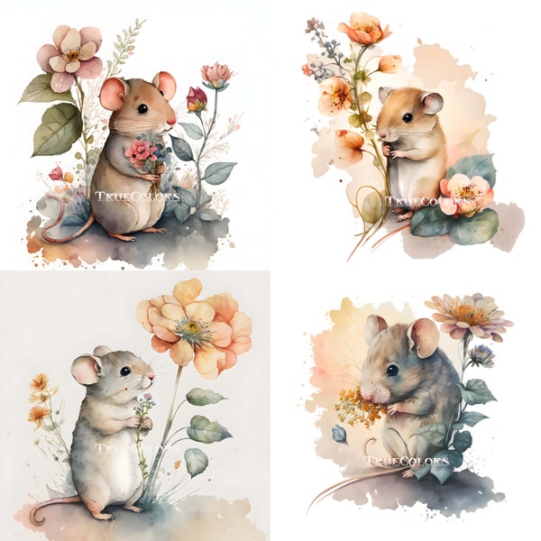 Watercolor Mouse and Flower Watercolor Animals Mouse Painting Mause Print Animal Art Floral Art Cute Art Home Decor Gift Idea Mous Eart