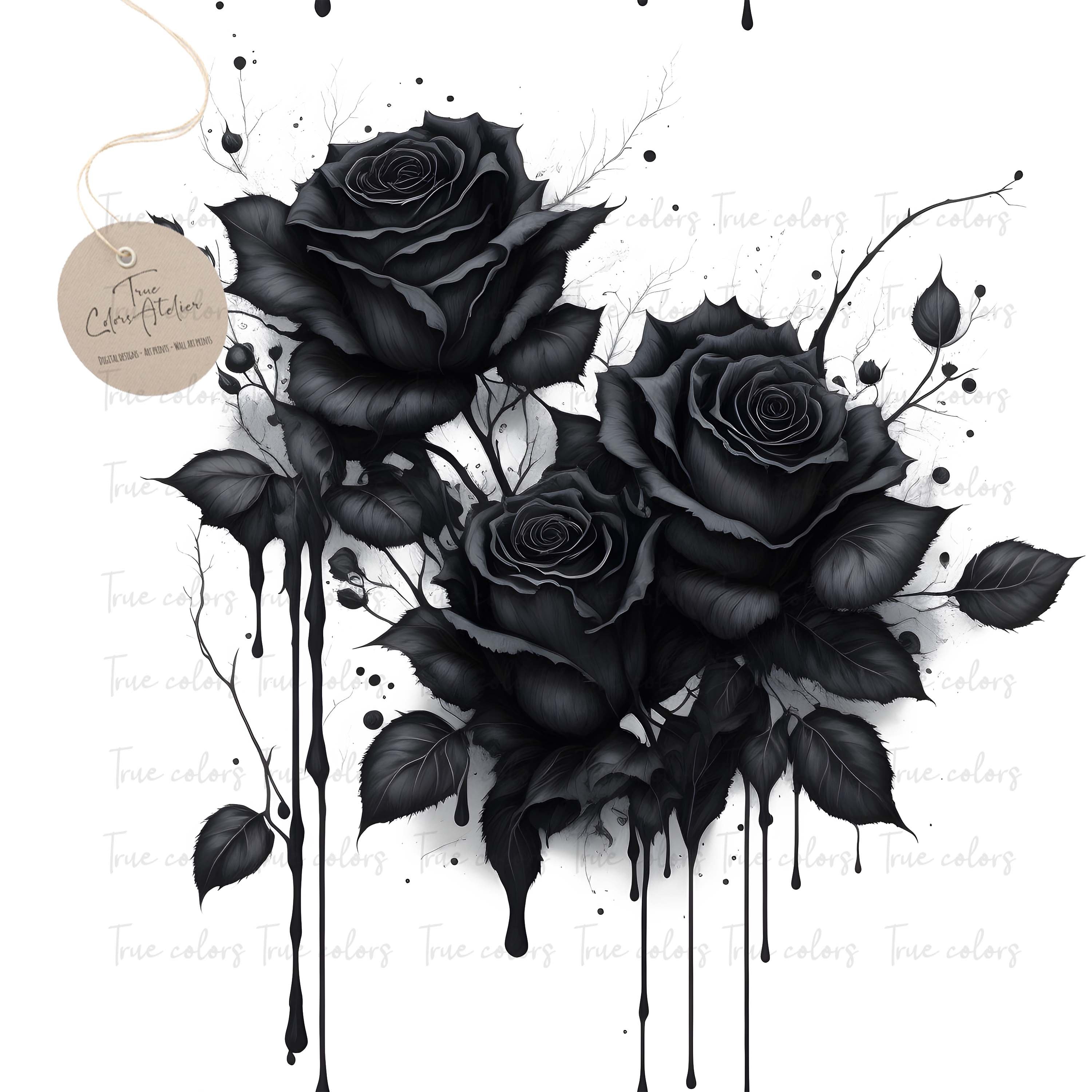 Watercolor Black Roses Clipart Gothic Roses and Leaves in PNG Format