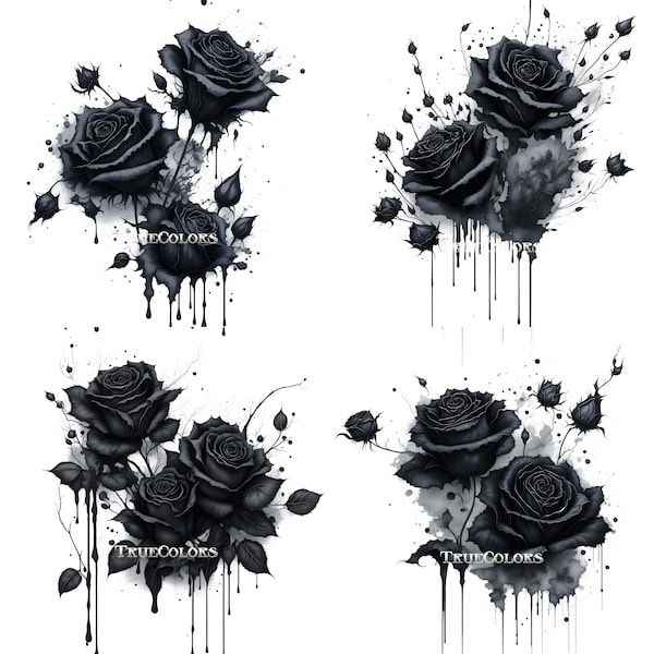 Watercolor Black Roses Clipart Gothic roses and leaves in PNG format instant download for commercial use Elegant Black Rose Clipart Set 4