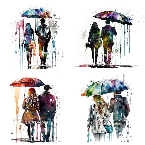 Couple under an umbrella Umbrella couple clipart Couple in the rain png Commercial Use Watercolor Rain Clipart Set Autumn Design Fall Print