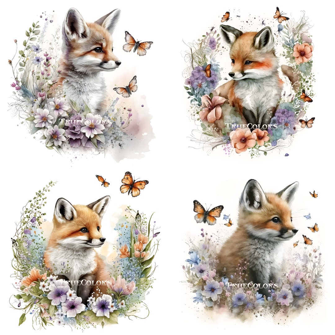 Floral Baby Fox Clipart Baby Animals Clipart Woodland Animals Clipart
