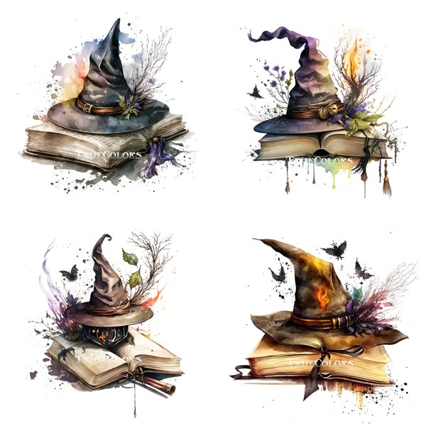 Witch Hat and Magic Book Watercolor Mystical Clipart Wizard Books Commercial Use Fantasy Clipart Witch Hat Clipart Witch hat PNG Magic Book