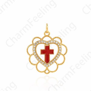 Enamel Charm,18K Gold Filled Heart Pendant,Heart Charm, Religious Charm,Micropavé CZ Cross Necklace,DIY Jewelry Supplies,25.5x20.5x2mm