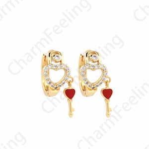 Key Earrings, Pierced Earrings, Micropavé CZ Love Earrings, 18K Gold Filled Love Charm, Enamel Earrings, DIY Jewelry Supplies, 13.5x14x9mm